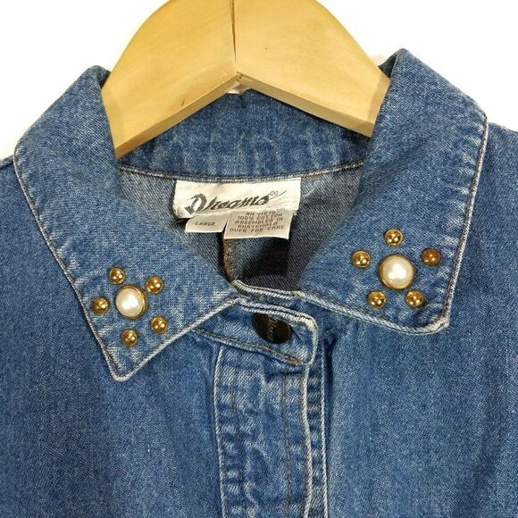 𝅺VINTAGE DREAMS Denim Dress Blue Shoulder Pads Cinched Elastic Waist Large - Picture 2 of 8